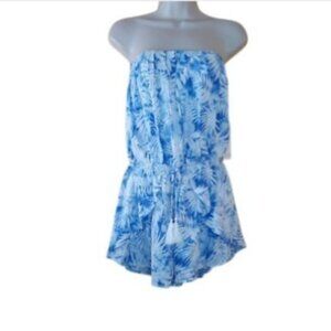 Ocean Drive Womens Strapless Short Romper Blue Palm Floral Smocked Waist M New